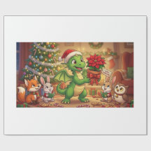 Cute Christmas Green Dragon Storybook Holiday Wrap