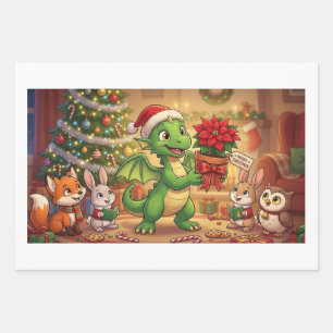Cute Christmas Green Dragon Storybook Holiday Wrap Wrapping Paper Sheet