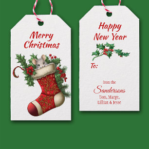 Cute Christmas Grey Mouse Peeking Gift Tags