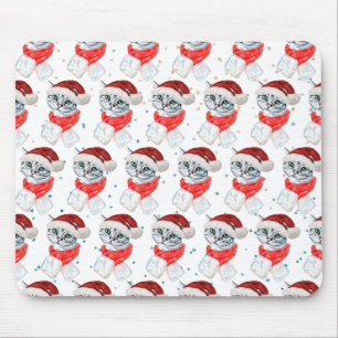 Cute Christmas Grey Tabby Cat Watercolor Mouse Mat