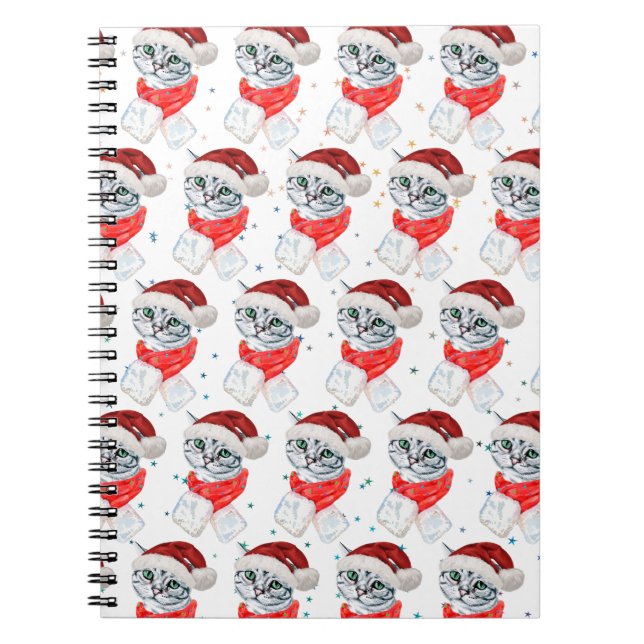 Cute Christmas Grey Tabby Cat Watercolor Notebook (Front)