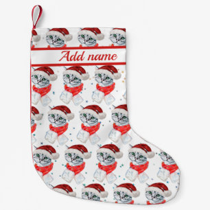 Cute Christmas Grey Tabby Cat Watercolor Small Christmas Stocking