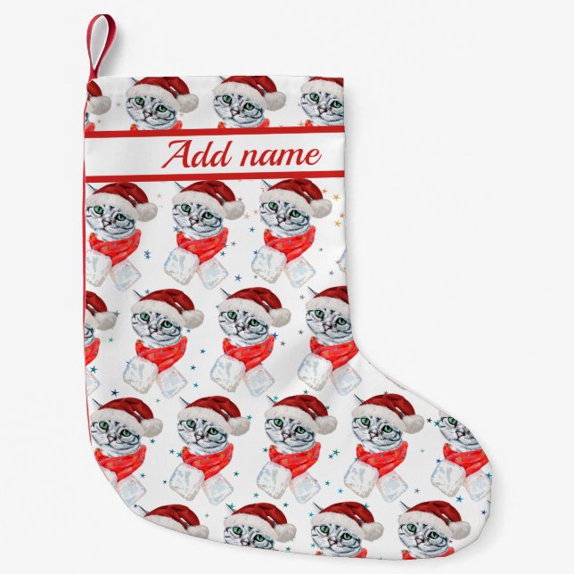 Cute Christmas Grey Tabby Cat Watercolor Small Christmas Stocking (Front)