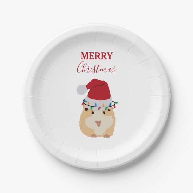 Cute Christmas Hamster Funny Animal Santa Hat  Paper Plate (Front)