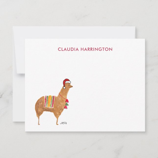 Cute Christmas Hand-Drawn Alpaca Flat Note Card (Front)