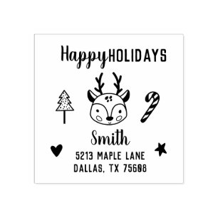 Cute Christmas Hand-drawn Reindeer Return Address Rubber Stamp
