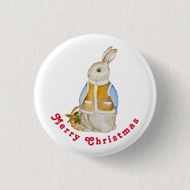 Cute Christmas hare with a basket with spruce bran 3 Cm Round Badge (Front)