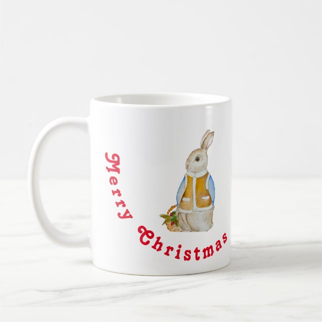 Cute Christmas hare with a basket with spruce bran Coffee Mug (Left)
