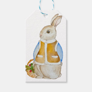 Cute Christmas hare with a basket with spruce bran Gift Tags
