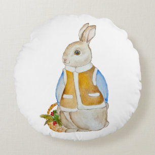 Cute Christmas hare with a basket with spruce bran Round Cushion