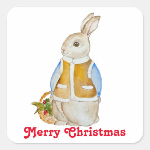 Cute Christmas hare with a basket with spruce bran Square Sticker