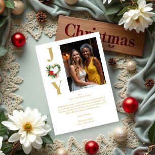 Cute Christmas Heart Floral Wreath Gold Business Holiday Card
