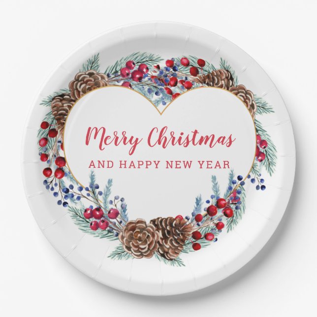 Cute Christmas Heart Wreath Paper Plates (Front)