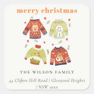 Cute Christmas Hearts Leafy Ugly Sweater Address Square Sticker