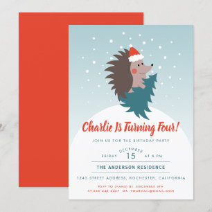 Cute Christmas Hedgehog  Kid Birthday Party Invitation