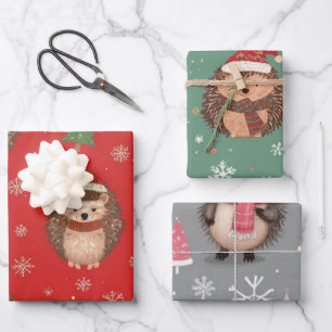 Cute Christmas Hedgehog Pattern Wrapping Paper Sheet