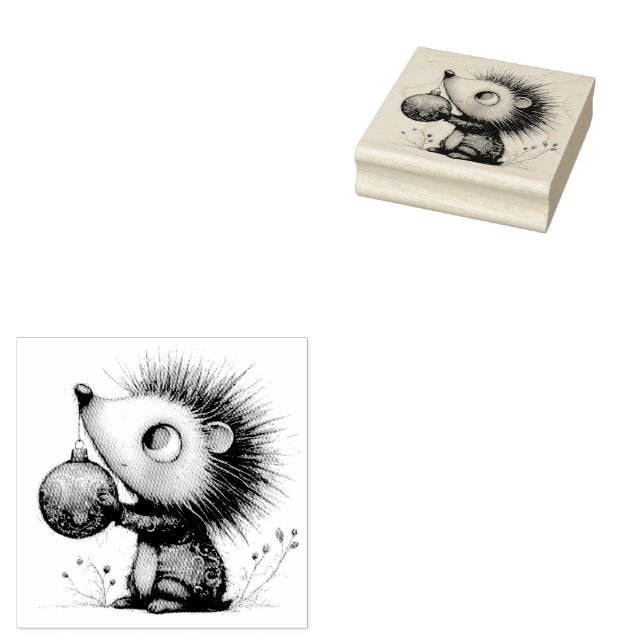 Cute Christmas Hedgehog Rubber Stamp (Stamped)