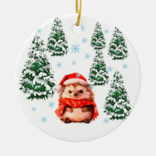 Cute Christmas Hedgehog with Santa Hat & Snowflake Ceramic Tree Decoration