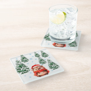Cute Christmas Hedgehog with Santa Hat & Snowflake Glass Coaster