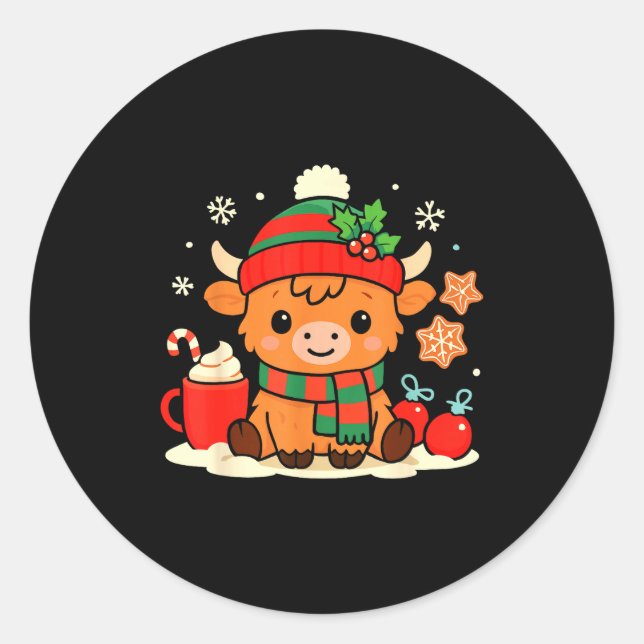 Cute Christmas Highland Cow Heifer Xmas Farm Anima Classic Round Sticker (Front)