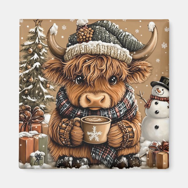 Cute Christmas Highland Cow Magnet (Front)