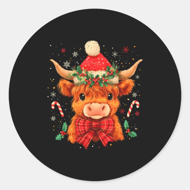 Cute Christmas Highland Cow Mooey Xmas Heifer Sant Classic Round Sticker (Front)
