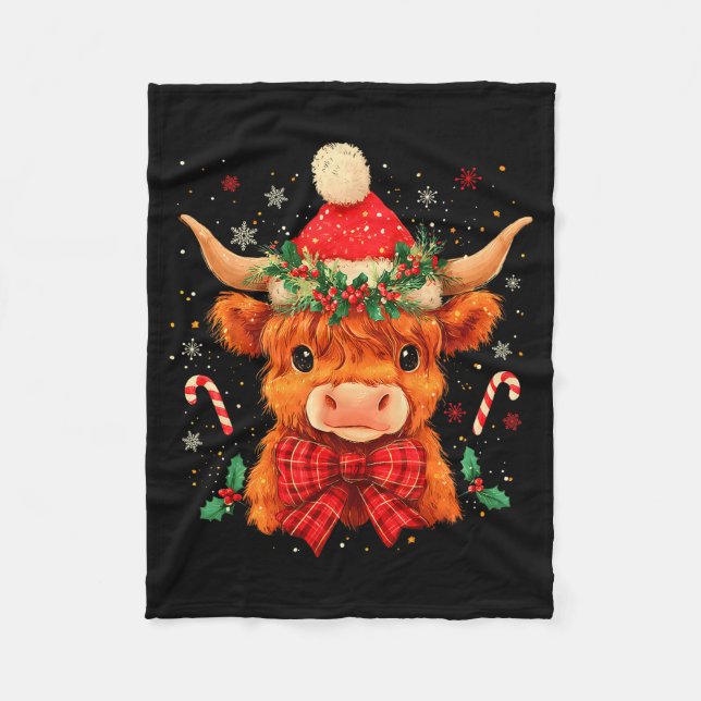 Cute Christmas Highland Cow Mooey Xmas Heifer Sant Fleece Blanket (Front)
