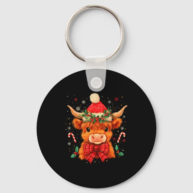 Cute Christmas Highland Cow Mooey Xmas Heifer Sant Key Ring (Front)