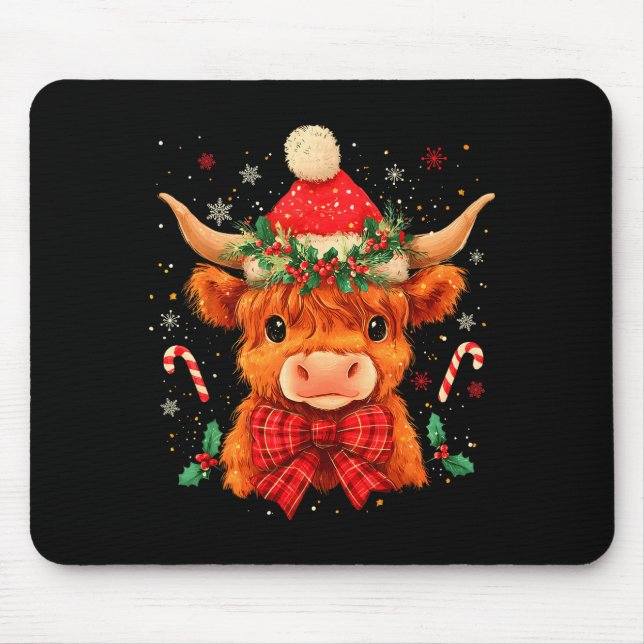 Cute Christmas Highland Cow Mooey Xmas Heifer Sant Mouse Mat (Front)