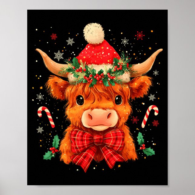 Cute Christmas Highland Cow Mooey Xmas Heifer Sant Poster (Front)