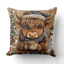 Cute Christmas Highland Cow Throw Pillow