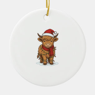 Cute Christmas Highland Cow Vintage Engraving Shir Ceramic Tree Decoration