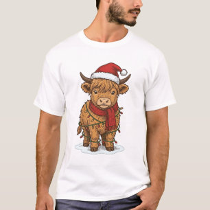 Cute Christmas Highland Cow Vintage Engraving Shir T-Shirt