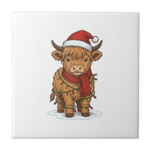 Cute Christmas Highland Cow Vintage Engraving Shir Tile