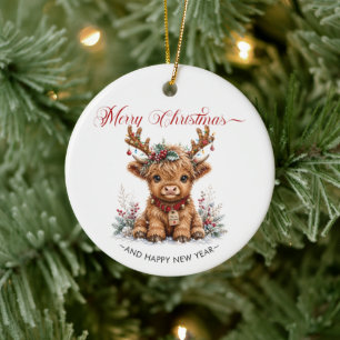Cute Christmas Highland Cow with Festive Antlers Ceramic Tree Decoration