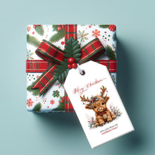 Cute Christmas Highland Cow with Festive Antlers Gift Tags