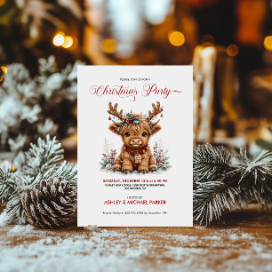 Cute Christmas Highland Cow with Festive Antlers Invitation