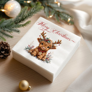 Cute Christmas Highland Cow with Festive Antlers Napkin