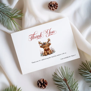 Cute Christmas Highland Cow with Festive Antlers Thank You Card