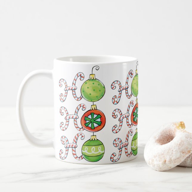 Cute Christmas Ho Ho Ho, Candy Canes Ornaments Coffee Mug (With Donut)
