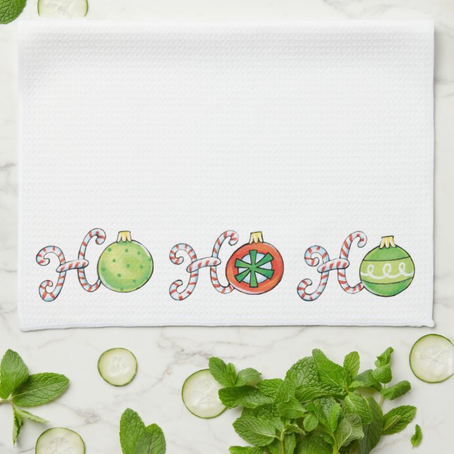 Cute Christmas Ho Ho Ho, Candy Canes Ornaments Tea Towel (Folded)