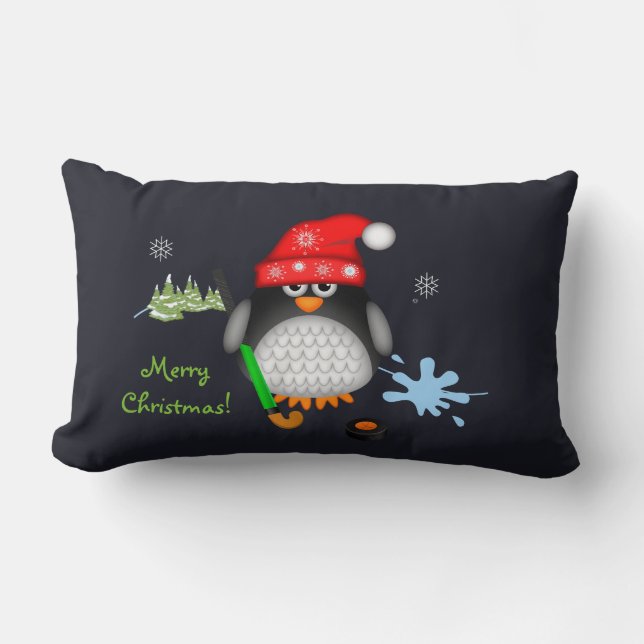 Cute Christmas Hockey Penguin & custom text Lumbar Cushion (Front)