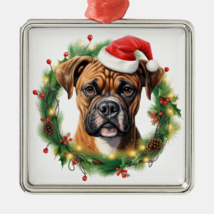 CUTE CHRISTMAS HOLIDAY BOXER DOG & WREATH METAL TREE DECORATION