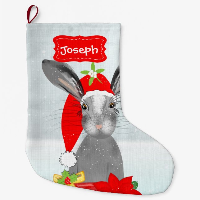 Cute Christmas Holiday Bunny Rabbit Editable Large Christmas Stocking (Front)