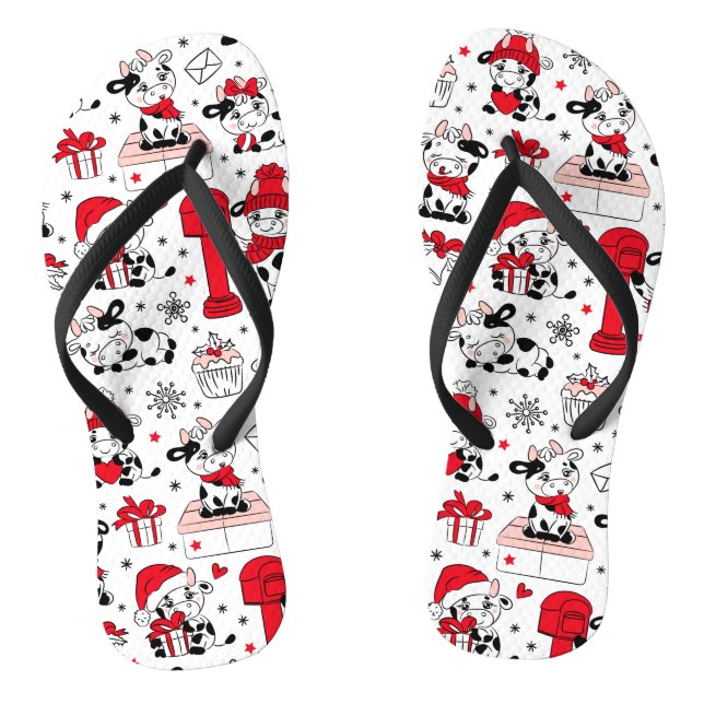 Cute Christmas Holiday Cows Farm Modern Pattern Flip Flops (Footbed)