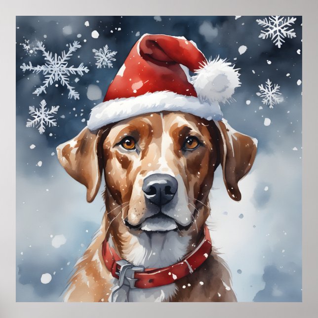 Cute Christmas Holiday Dog In Santa Hat and Snow Poster (Front)