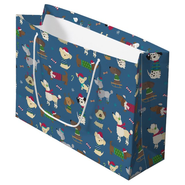 Cute Christmas Holiday Dog Pattern on Blue Large Gift Bag (Front Angled)