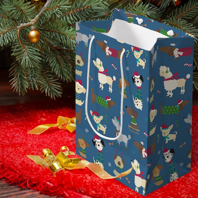 Cute Christmas Holiday Dog Pattern on Blue Medium Gift Bag (Creator Uploaded)