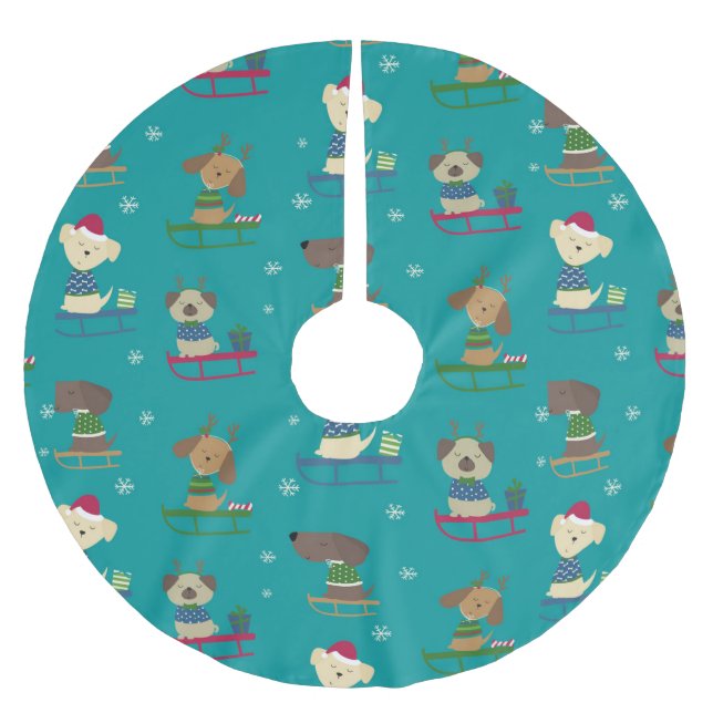 Cute Christmas Holiday Dogs on Sleds Pattern Brushed Polyester Tree Skirt (Front)