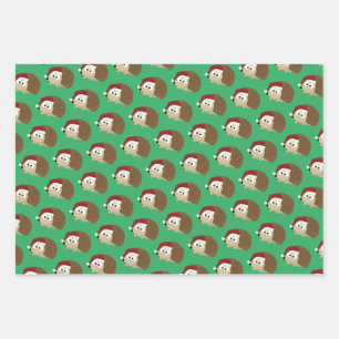 Cute  Christmas Holiday Hedgehogs Wrapping Paper Sheet